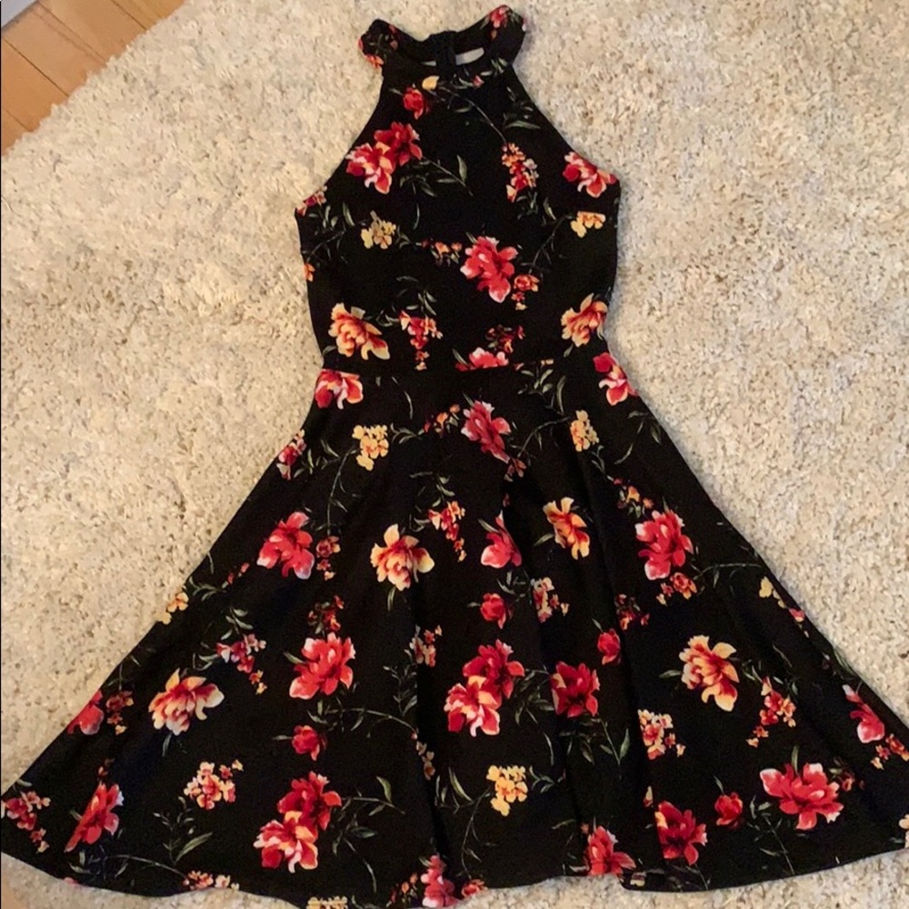 Aqua high neck black floral skater dress xs